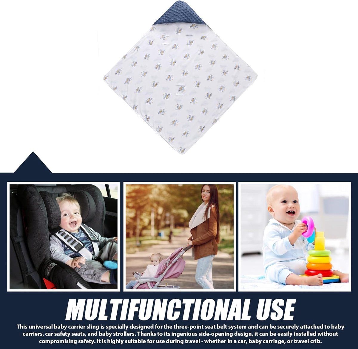 Baby Blanket, Double-Sided Pure Cotton Swaddle Blanket for Strollers, Car Seats and Prams, Three-Point Harness Opening, 90 x 90 cm, Blue and White