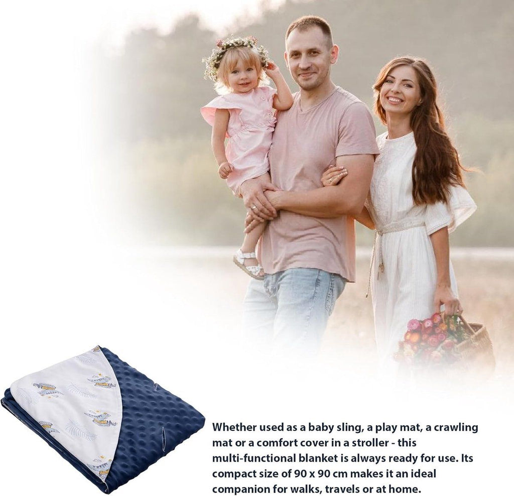 Baby Blanket, Double-Sided Pure Cotton Swaddle Blanket for Strollers, Car Seats and Prams, Three-Point Harness Opening, 90 x 90 cm, Blue and White