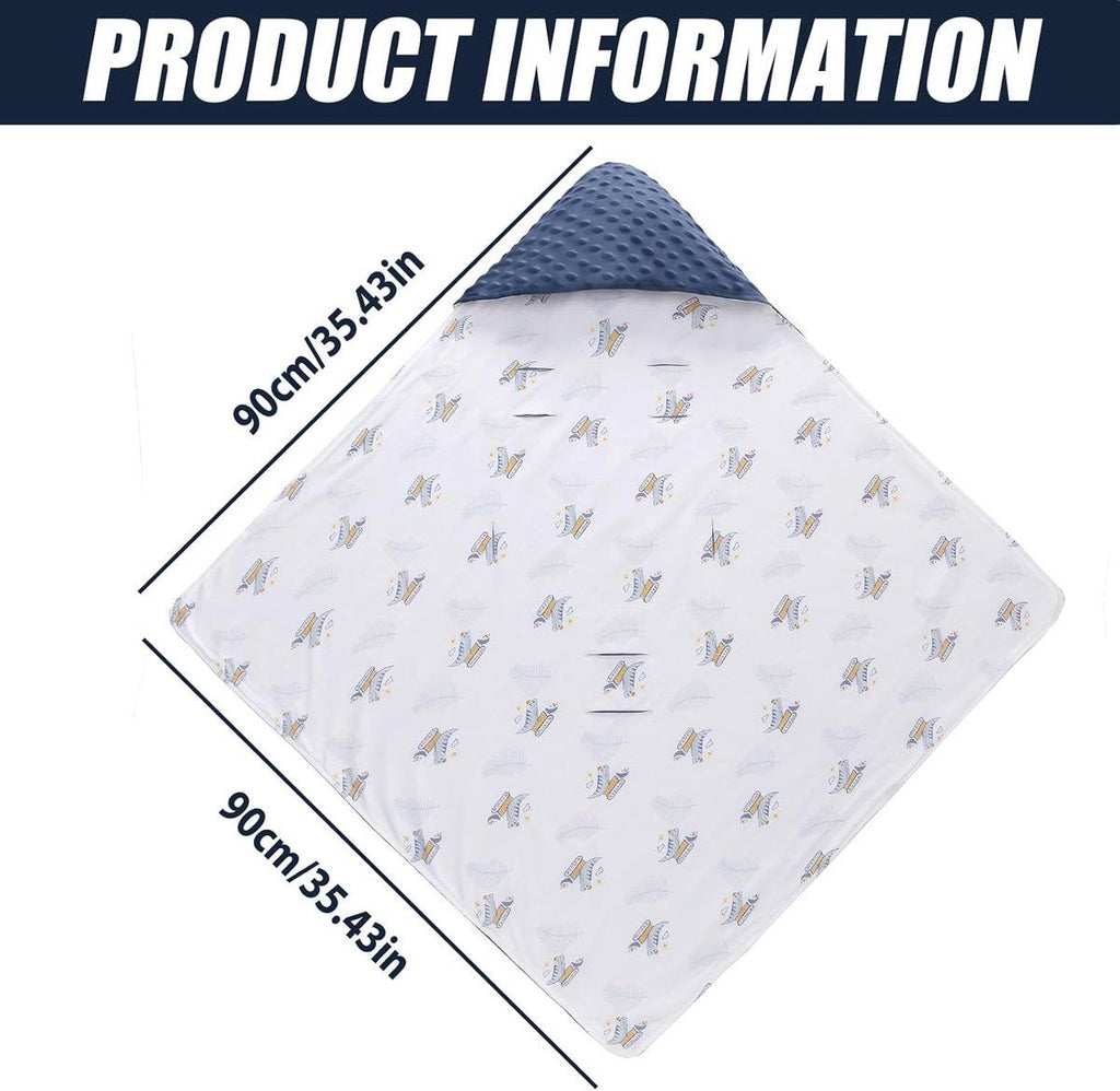 Baby Blanket, Double-Sided Pure Cotton Swaddle Blanket for Strollers, Car Seats and Prams, Three-Point Harness Opening, 90 x 90 cm, Blue and White