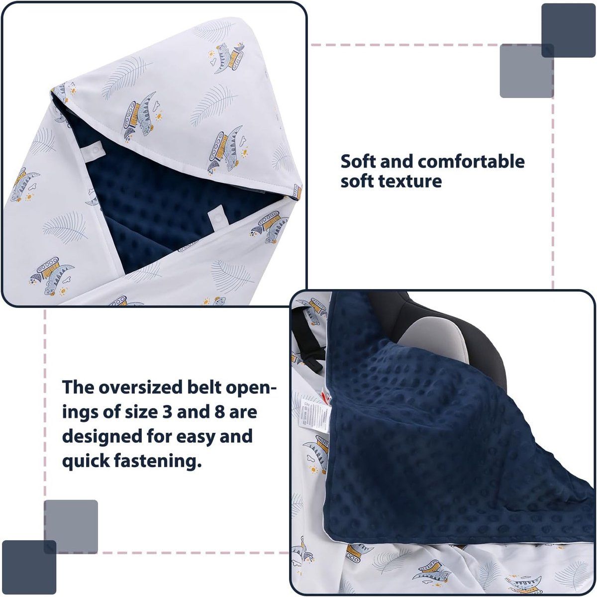 Baby Blanket, Double-Sided Pure Cotton Swaddle Blanket for Strollers, Car Seats and Prams, Three-Point Harness Opening, 90 x 90 cm, Blue and White