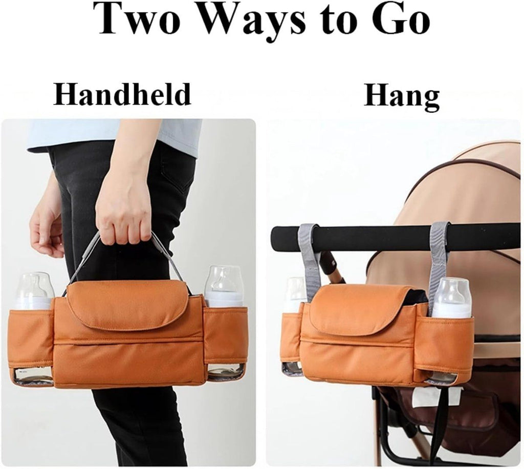 Universal Stroller Storage Bag, with Tissue Front Pocket, Built-in Cup Holder, Can Be Hanged on the Stroller, Brown