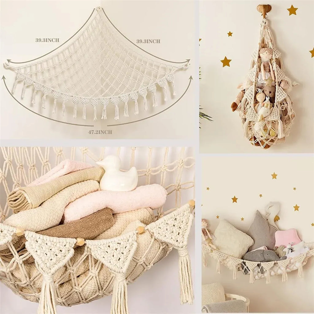 Stuffed Animal Storage Hammock Wall Hanging Corner Net Organizer for Bedroom Nursery Room Decor, Beige, 47.2 Inch