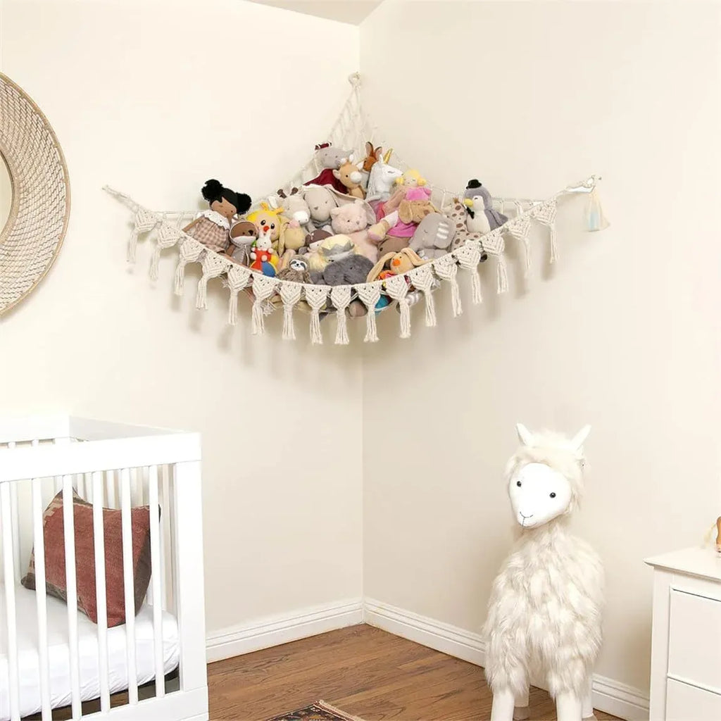 Stuffed Animal Storage Hammock Wall Hanging Corner Net Organizer for Bedroom Nursery Room Decor, Beige, 47.2 Inch