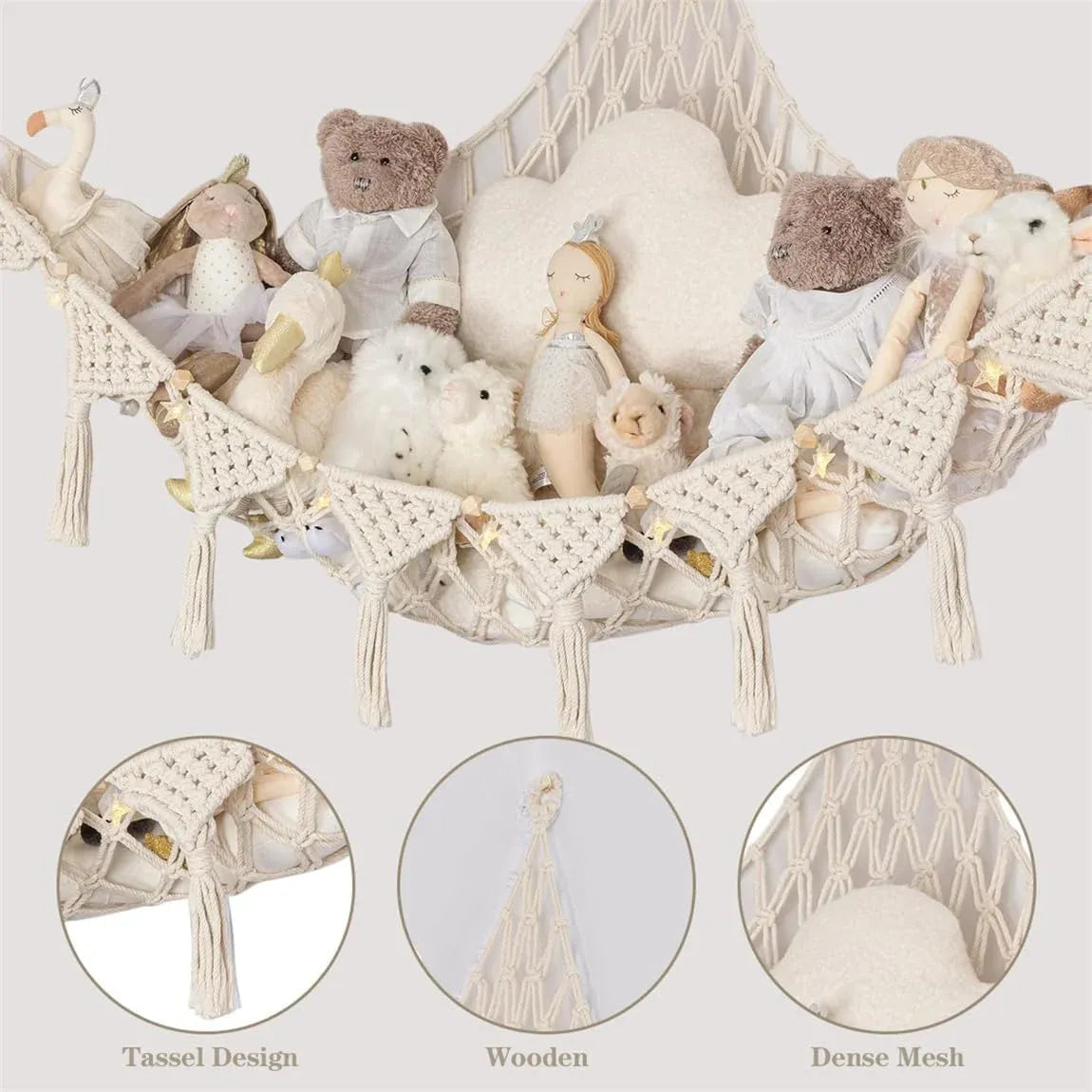 Stuffed Animal Storage Hammock Wall Hanging Corner Net Organizer for Bedroom Nursery Room Decor, Beige, 47.2 Inch