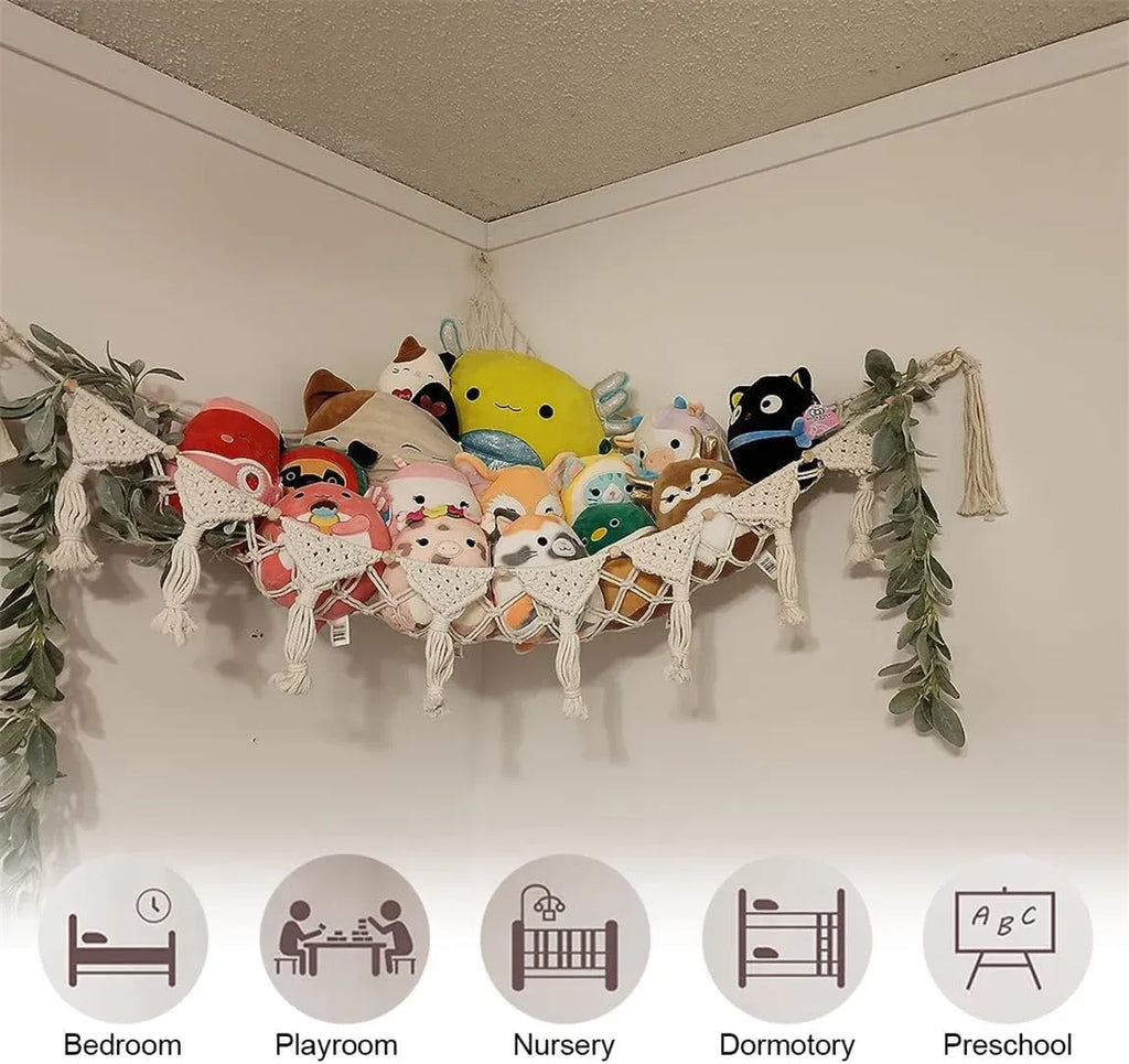 Stuffed Animal Storage Hammock Wall Hanging Corner Net Organizer for Bedroom Nursery Room Decor, Beige, 47.2 Inch