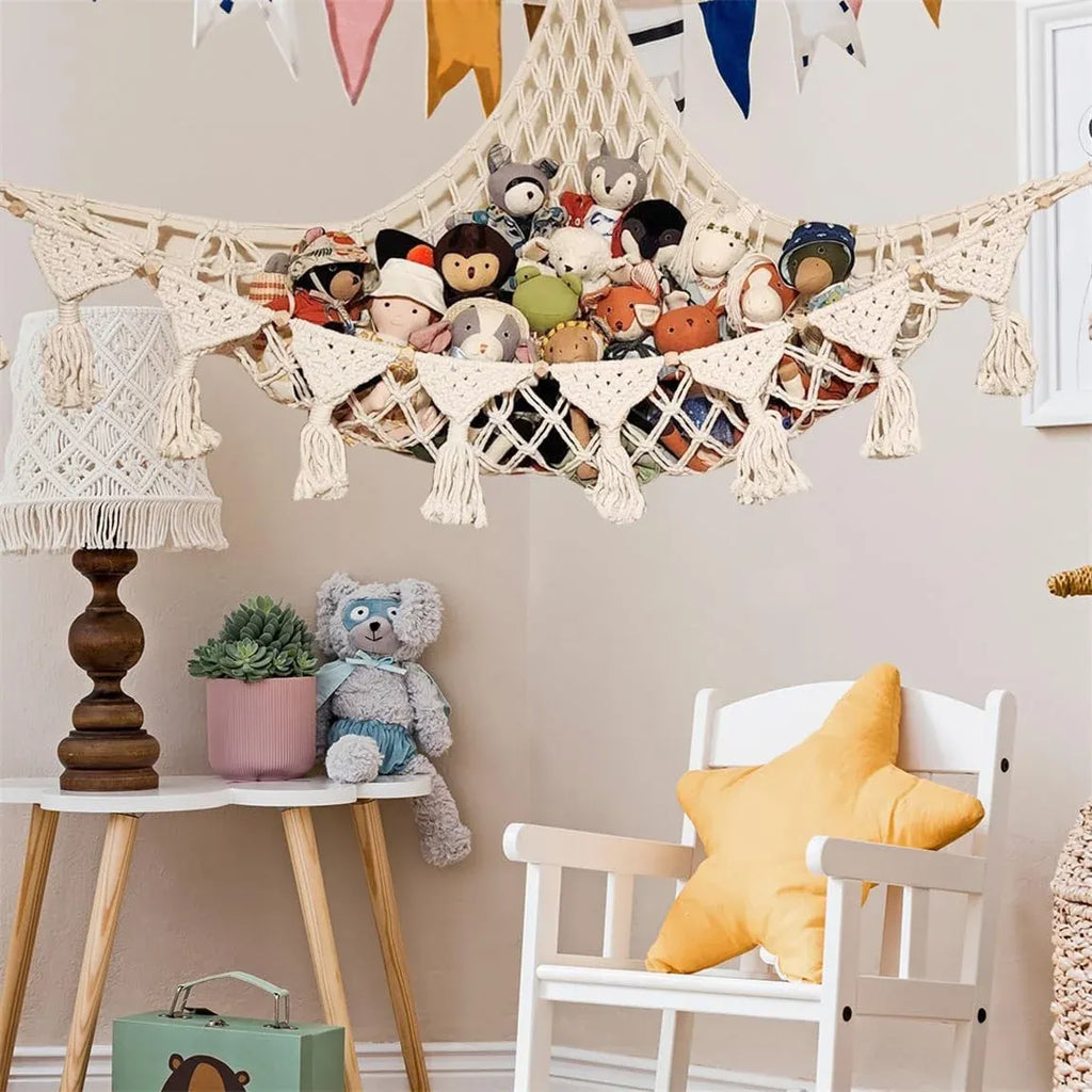 Stuffed Animal Storage Hammock Wall Hanging Corner Net Organizer for Bedroom Nursery Room Decor, Beige, 47.2 Inch