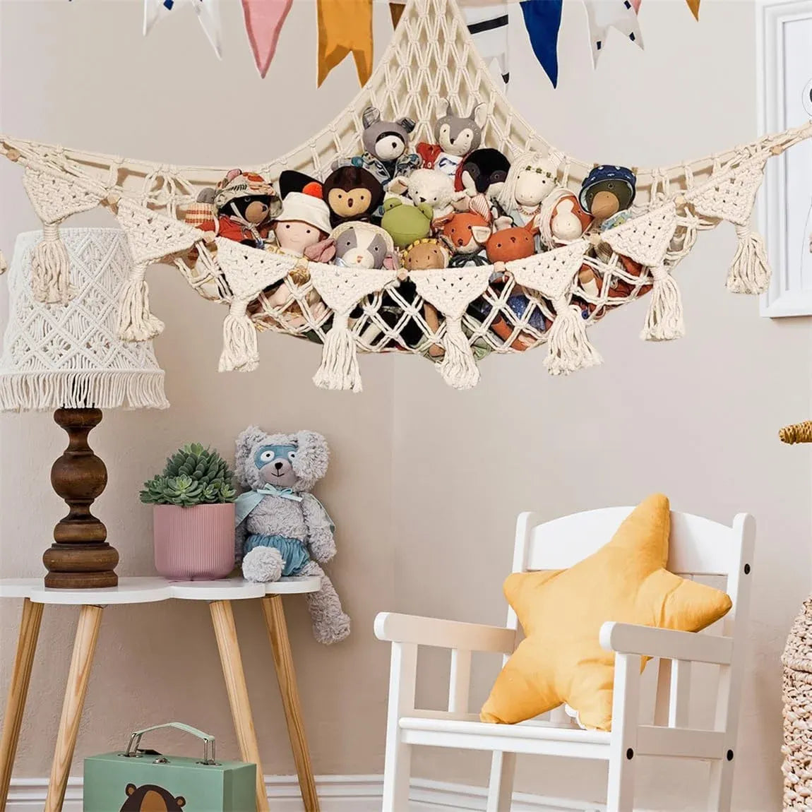 Stuffed Animal Storage Hammock Wall Hanging Corner Net Organizer for Bedroom Nursery Room Decor, Beige, 47.2 Inch
