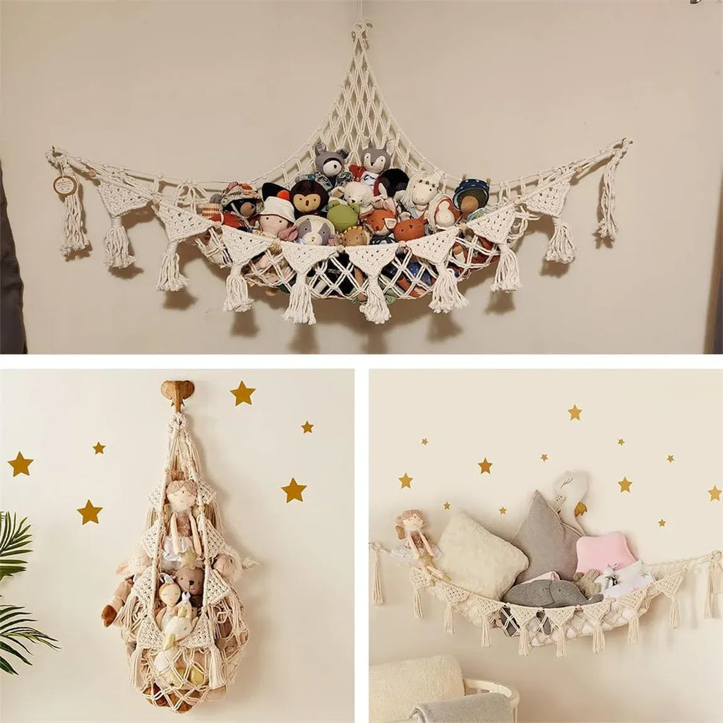 Stuffed Animal Storage Hammock Wall Hanging Corner Net Organizer for Bedroom Nursery Room Decor, Beige, 47.2 Inch
