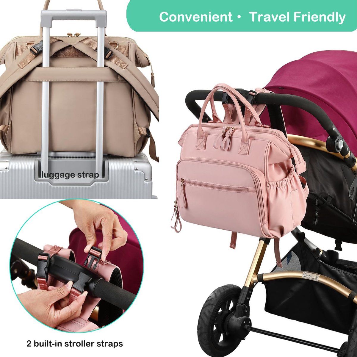 Beige Diaper Bag Backpack with 14 Compartments, Water Repellent Baby Changing Bag with Wide Opening and Stroller Hooks