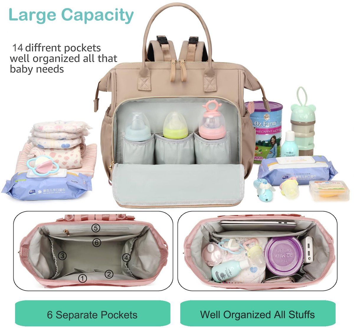 Beige Diaper Bag Backpack with 14 Compartments, Water Repellent Baby Changing Bag with Wide Opening and Stroller Hooks