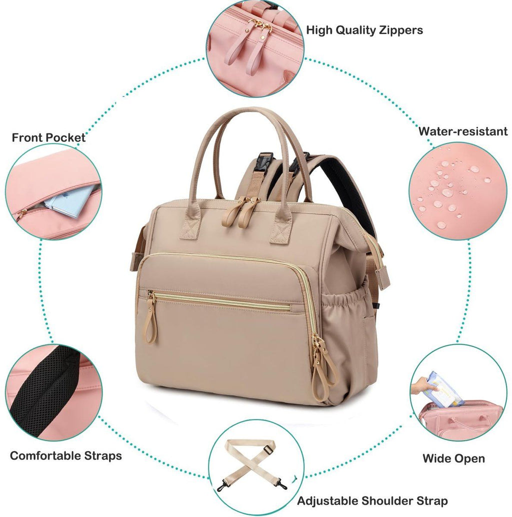 Beige Diaper Bag Backpack with 14 Compartments, Water Repellent Baby Changing Bag with Wide Opening and Stroller Hooks