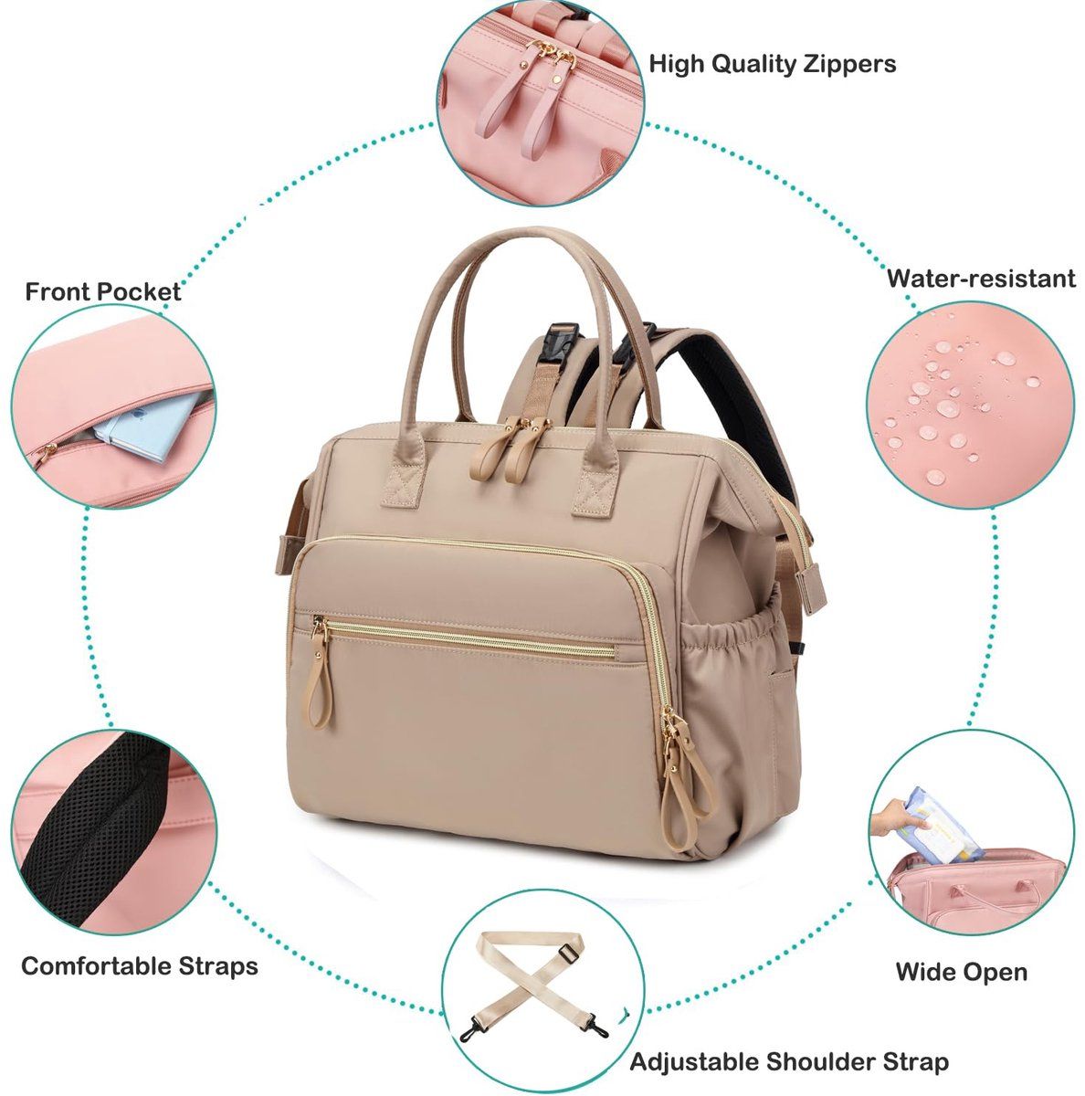 Beige Diaper Bag Backpack with 14 Compartments, Water Repellent Baby Changing Bag with Wide Opening and Stroller Hooks