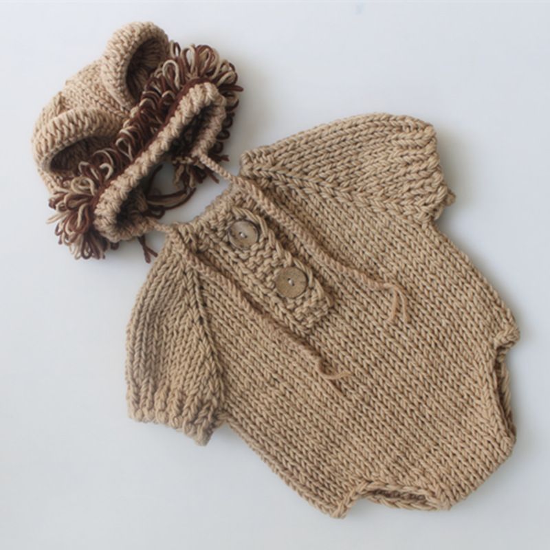 Baby Photography Props Newborn Boy Girl Photo Shoot Outfits Crochet Costume Infant Knitted Hat Sets（khaki）
