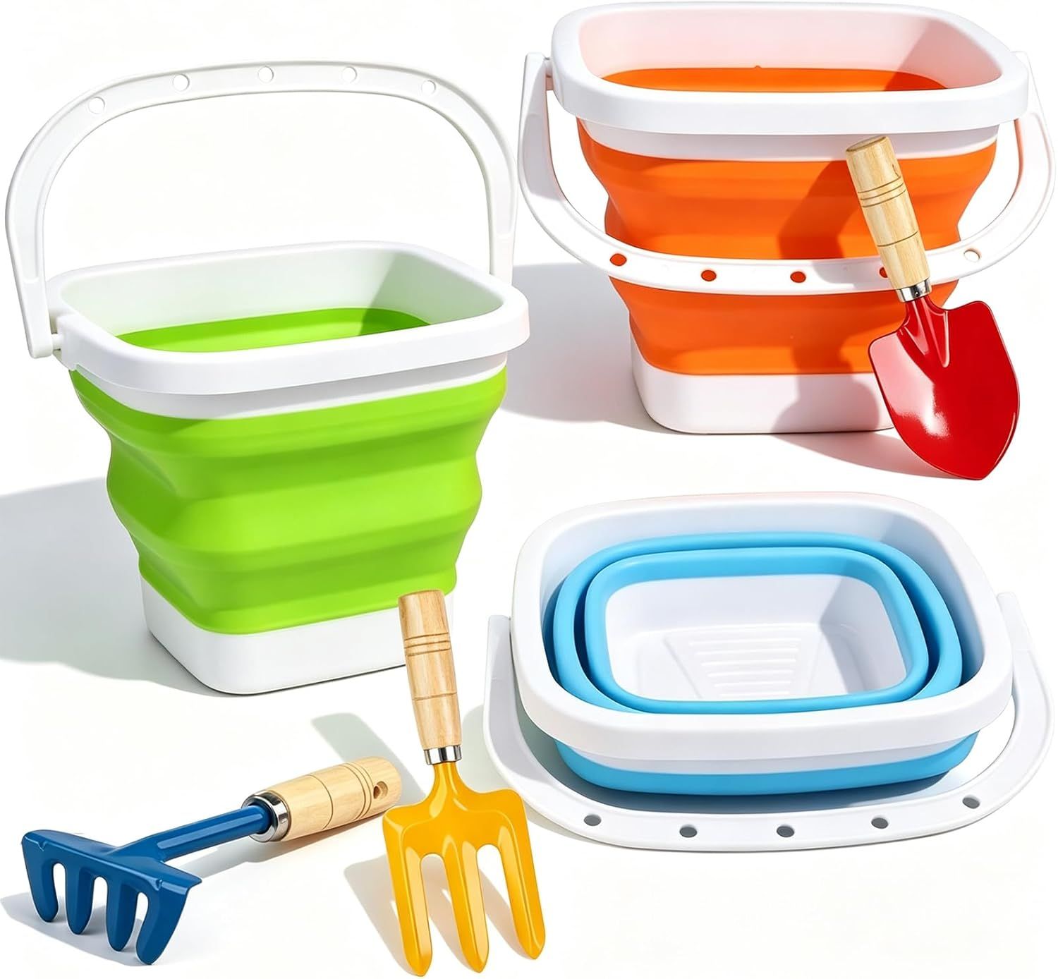 Collapsible Beach Bucket with Metal Shovels Set, Beach Toys Gifts for Adults, ABS Foldable Pails for Pool, Camping, Easter Party, Fishing, Summer Winter Activities 6PCS