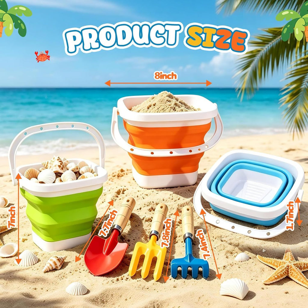 Collapsible Beach Bucket with Metal Shovels Set, Beach Toys Gifts for Adults, ABS Foldable Pails for Pool, Camping, Easter Party, Fishing, Summer Winter Activities 6PCS