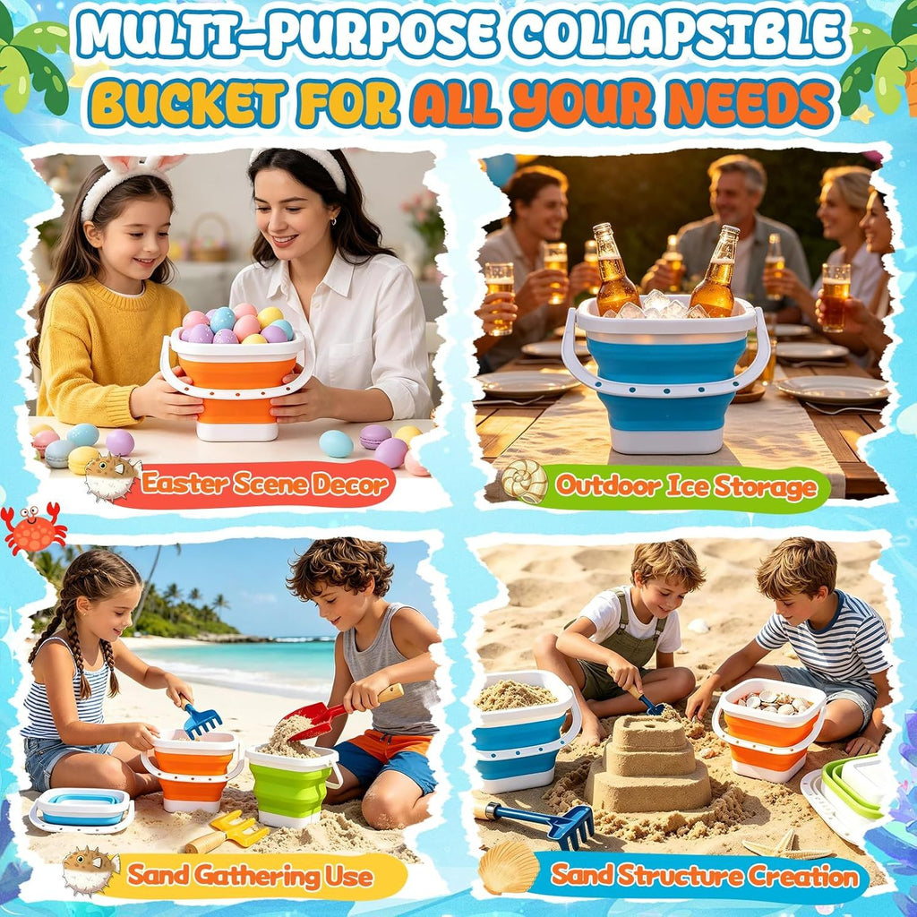 Collapsible Beach Bucket with Metal Shovels Set, Beach Toys Gifts for Adults, ABS Foldable Pails for Pool, Camping, Easter Party, Fishing, Summer Winter Activities 6PCS