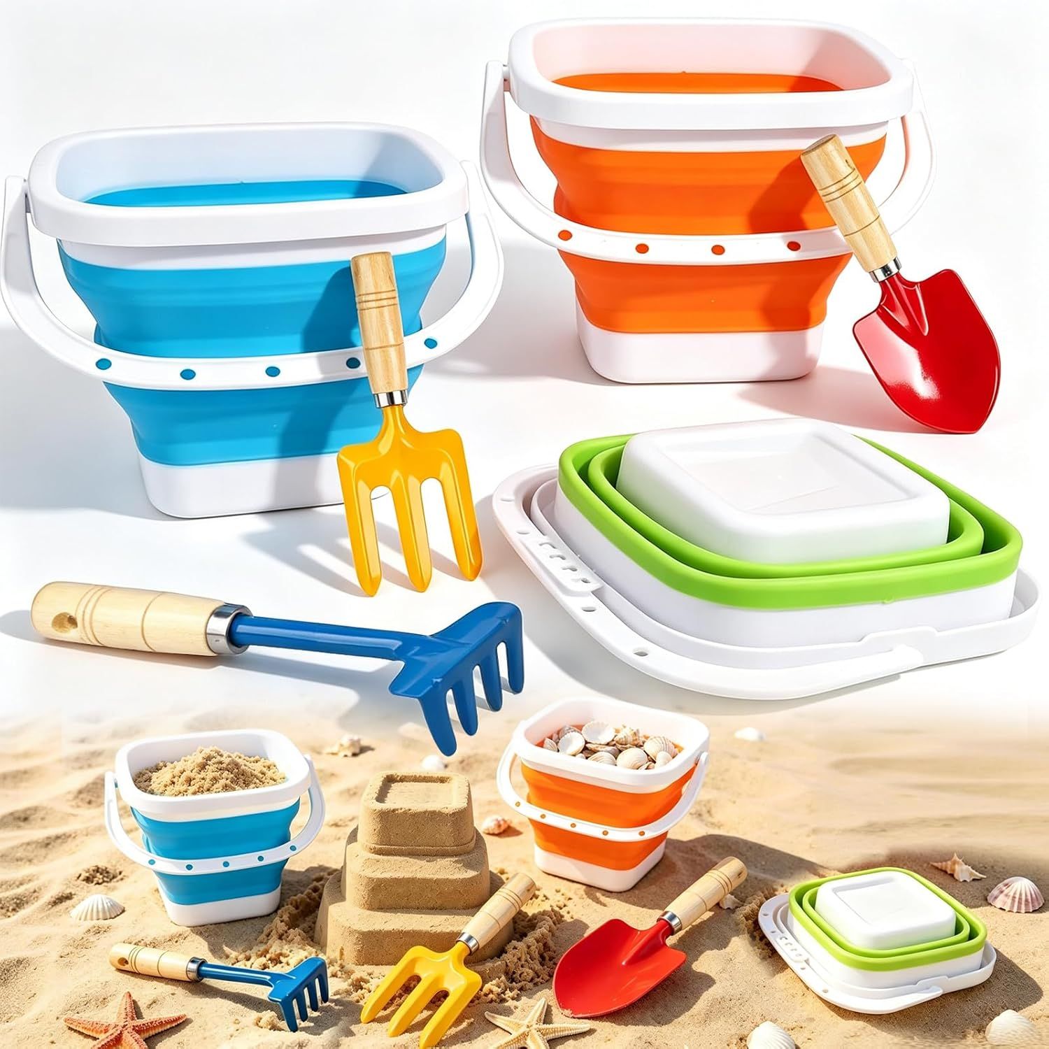 Collapsible Beach Bucket with Metal Shovels Set, Beach Toys Gifts for Adults, ABS Foldable Pails for Pool, Camping, Easter Party, Fishing, Summer Winter Activities 6PCS