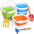 Gardening Tools Set Foldable Beach Bucket with Metal Shovels for Adults, Collapsible Pails Sand Bucket for Basket Camping Outdoor Gardening Fishing, Essential Travel Gadget 6PCS