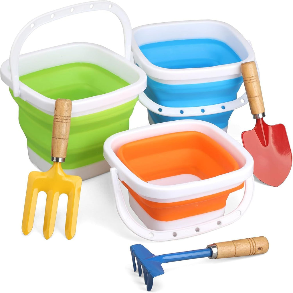 Gardening Tools Set Foldable Beach Bucket with Metal Shovels for Adults, Collapsible Pails Sand Bucket for Basket Camping Outdoor Gardening Fishing, Essential Travel Gadget 6PCS