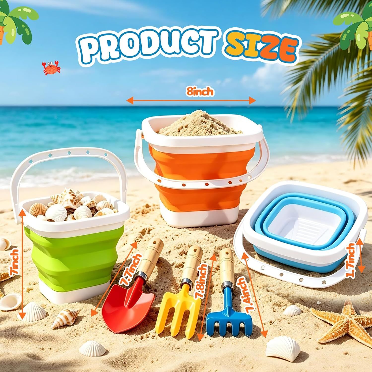 Gardening Tools Set Foldable Beach Bucket with Metal Shovels for Adults, Collapsible Pails Sand Bucket for Basket Camping Outdoor Gardening Fishing, Essential Travel Gadget 6PCS
