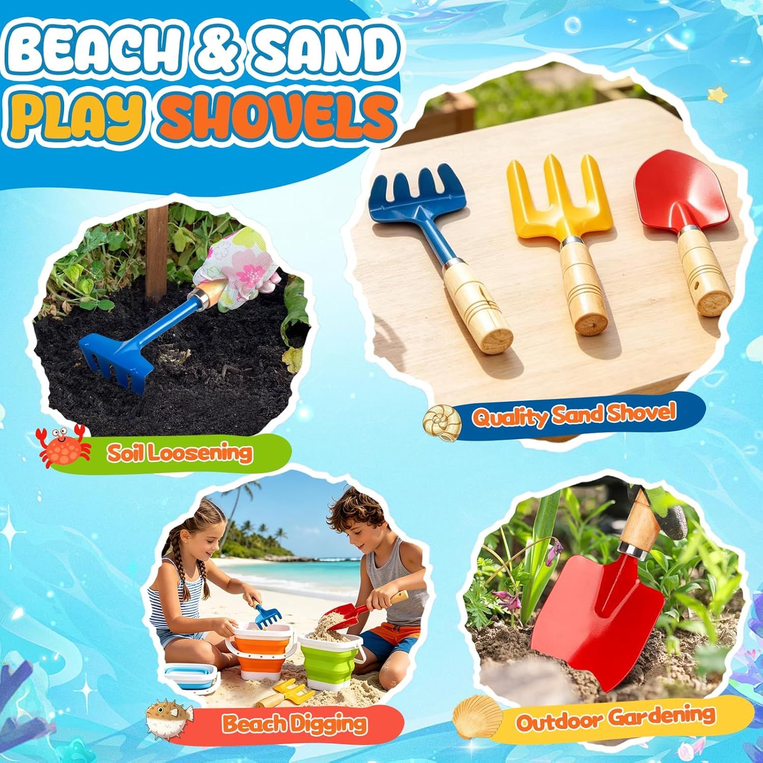 Gardening Tools Set Foldable Beach Bucket with Metal Shovels for Adults, Collapsible Pails Sand Bucket for Basket Camping Outdoor Gardening Fishing, Essential Travel Gadget 6PCS