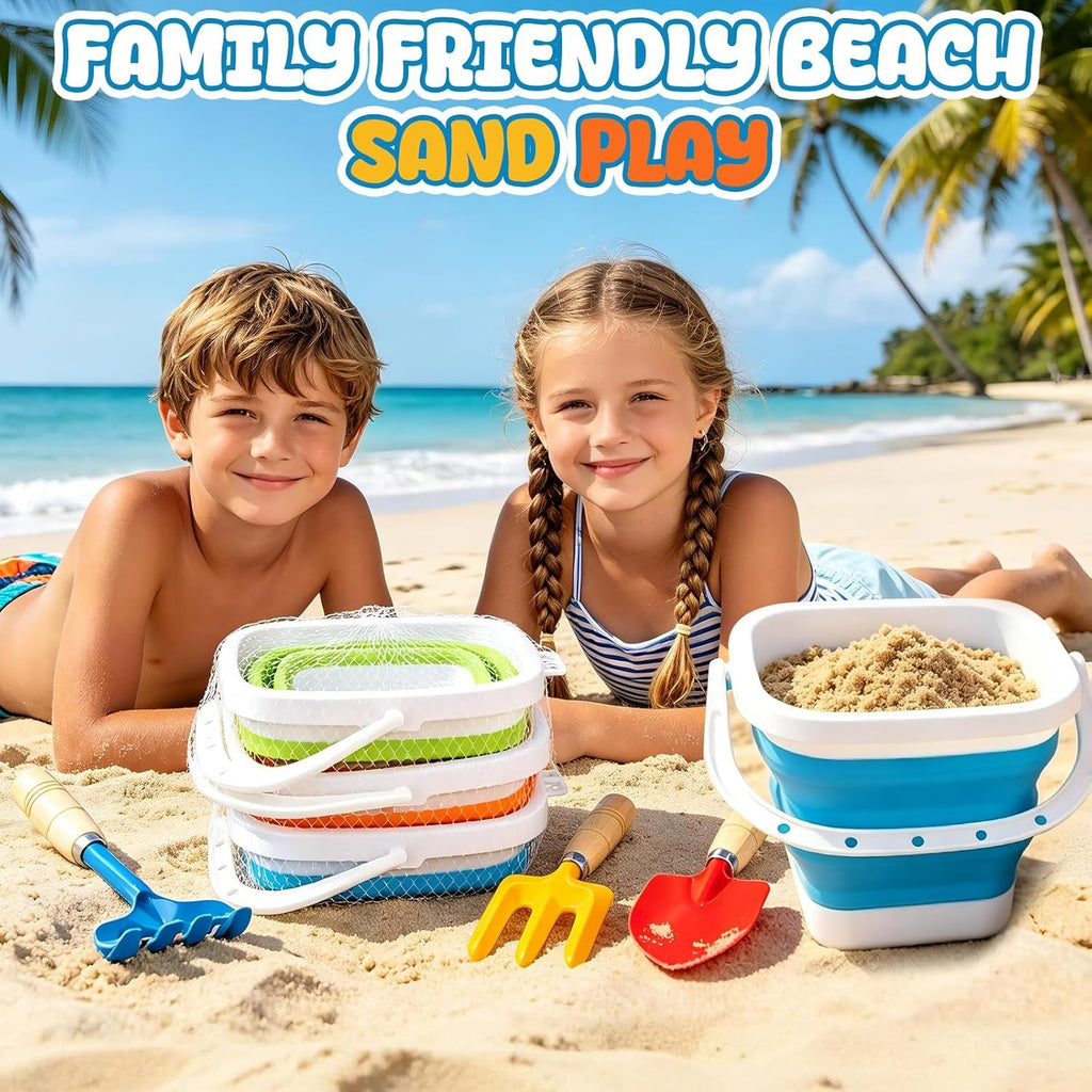 Gardening Tools Set Foldable Beach Bucket with Metal Shovels for Adults, Collapsible Pails Sand Bucket for Basket Camping Outdoor Gardening Fishing, Essential Travel Gadget 6PCS