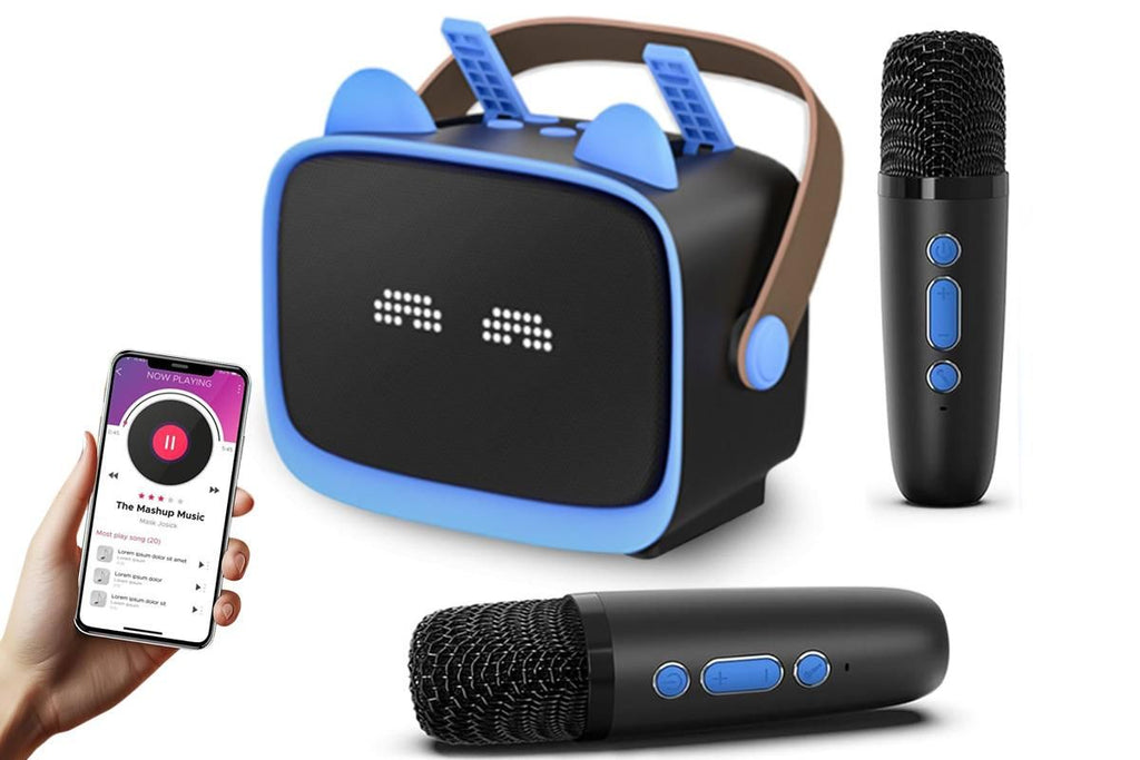Mini Karaoke Machine Toys Gifts Portable MP3 Player with 2 Wireless Microphone for 3years+ old- Blue