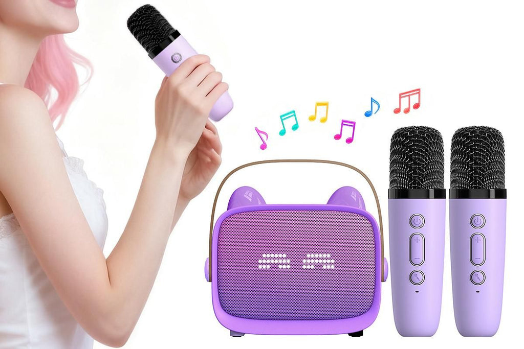 Mini Karaoke Machine Toys Gifts Portable MP3 Player with 2 Wireless Microphone for 3years+ old- Purple