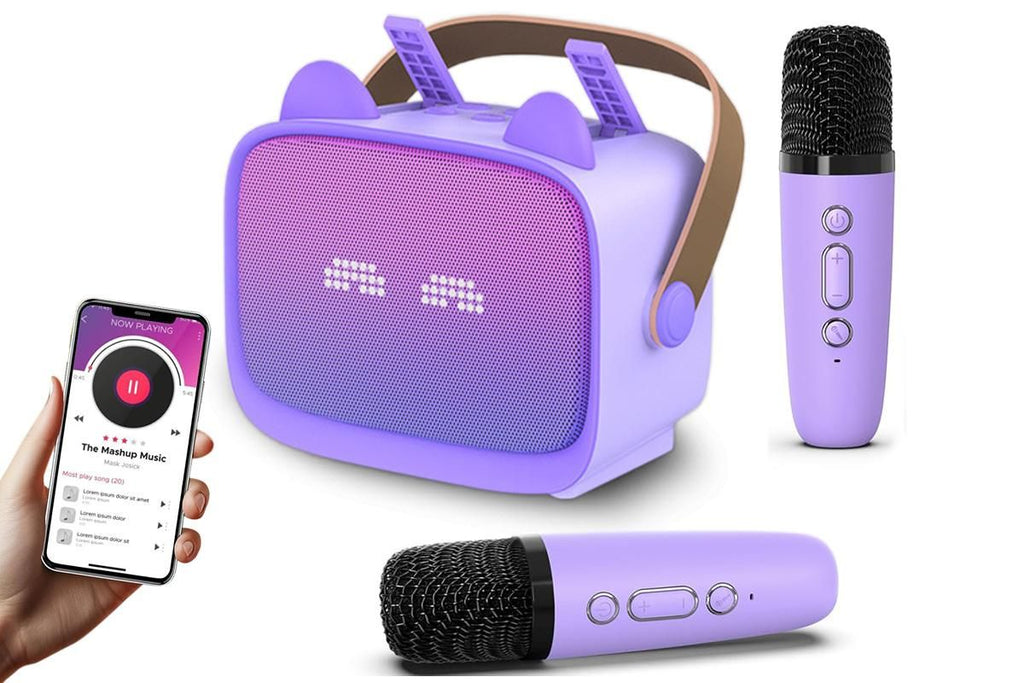 Mini Karaoke Machine Toys Gifts Portable MP3 Player with 2 Wireless Microphone for 3years+ old- Purple