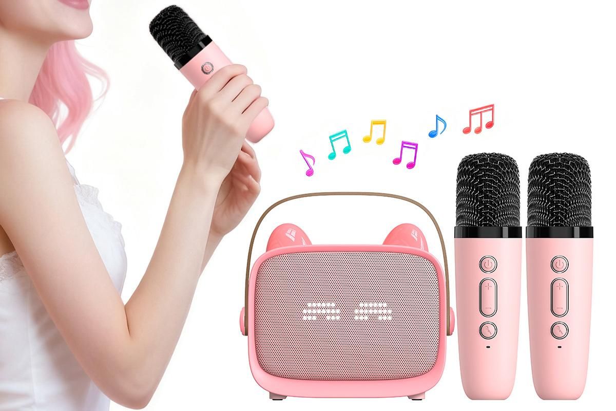 Mini Karaoke Machine Toys Gifts Portable MP3 Player with 2 Wireless Microphone for 3years+ old- Pink