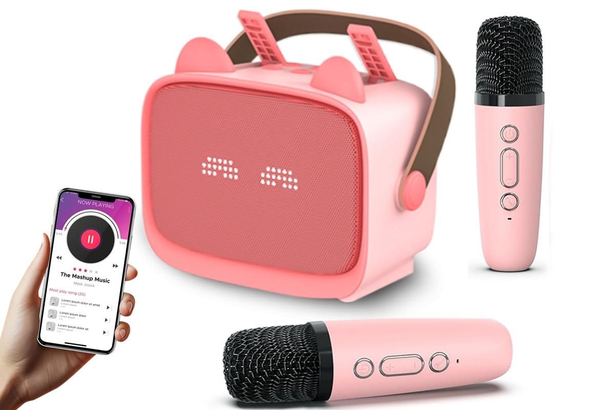 Mini Karaoke Machine Toys Gifts Portable MP3 Player with 2 Wireless Microphone for 3years+ old- Pink