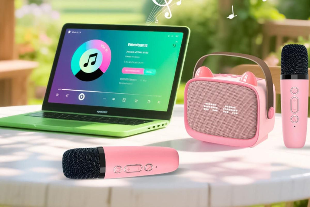 Mini Karaoke Machine Toys Gifts Portable MP3 Player with 2 Wireless Microphone for 3years+ old- Pink