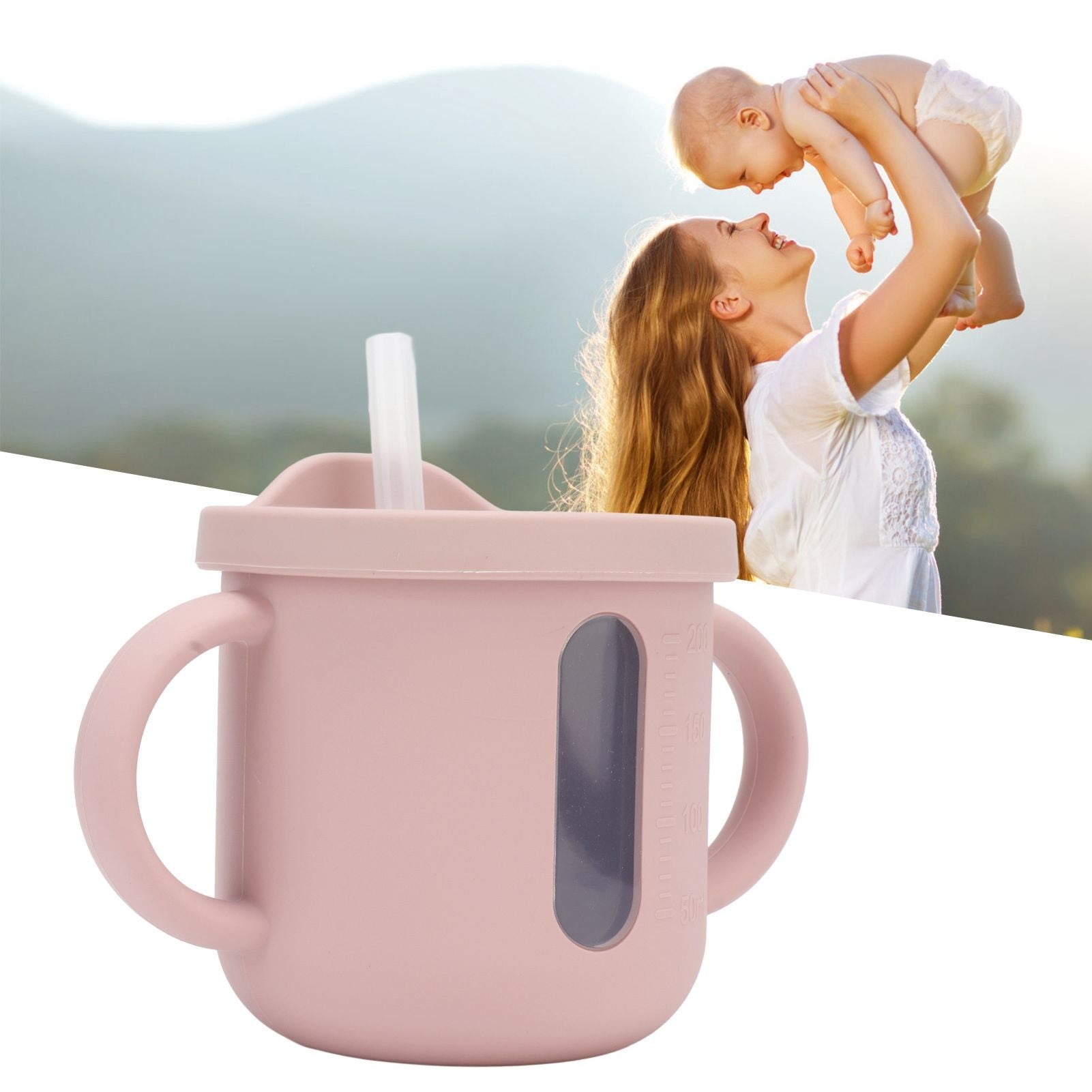 Silicone Sippy Cups Double Handles Lightweight Toddler Training Cup with Tight Leakproof Cover for Home Travelling Pink