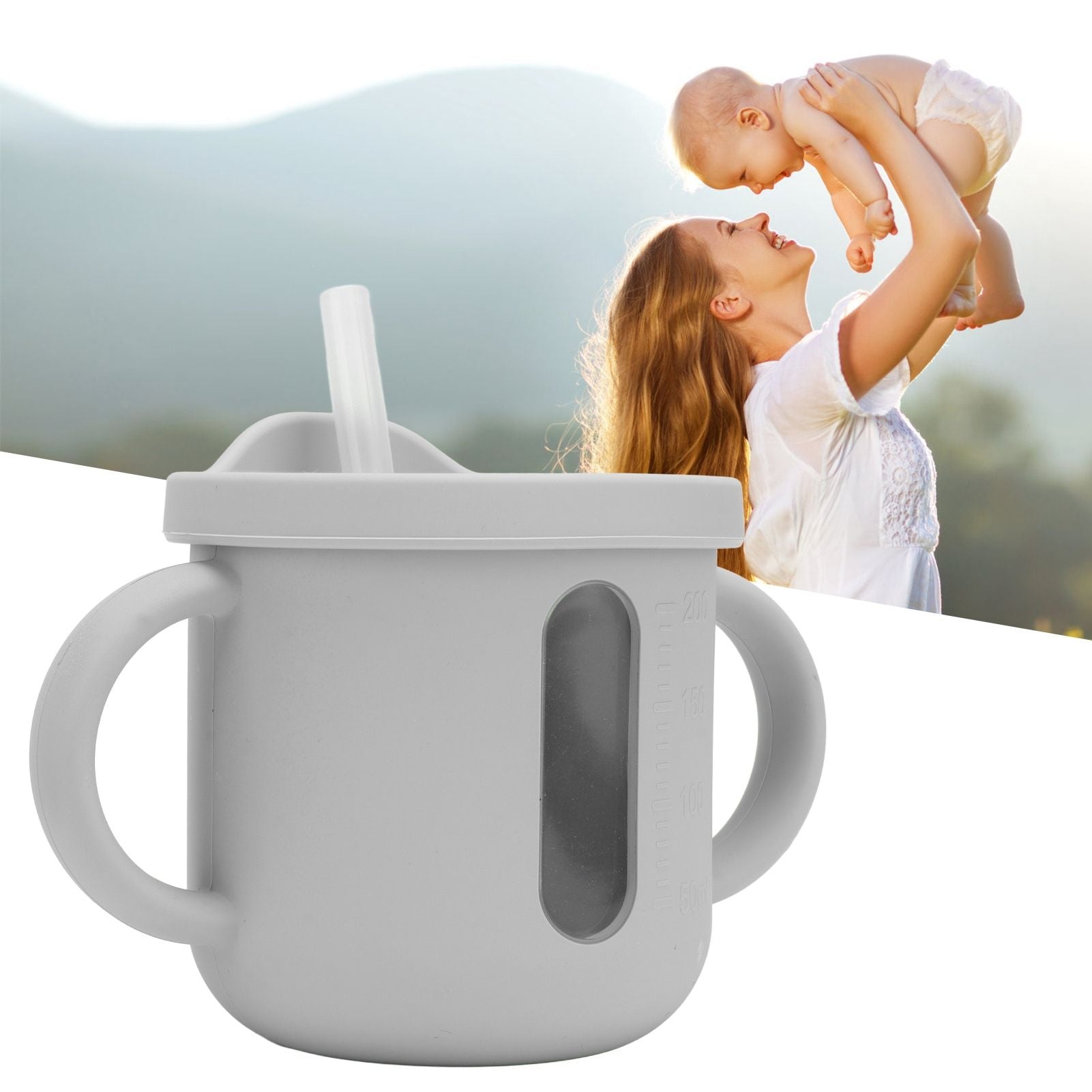 Silicone Sippy Cups Double Handles Lightweight Toddler Training Cup with Tight Leakproof Cover for Home Travelling Grey