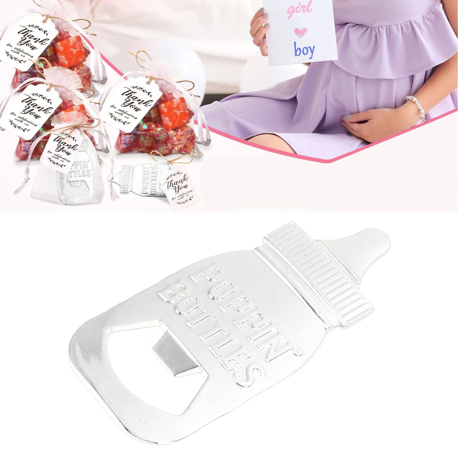 24 Set Baby Bottle Opener Zinc Alloy Cute Baby Bottle Shaped Bottle Opener Baby Shower Return Gift for Baby Shower Party Silver