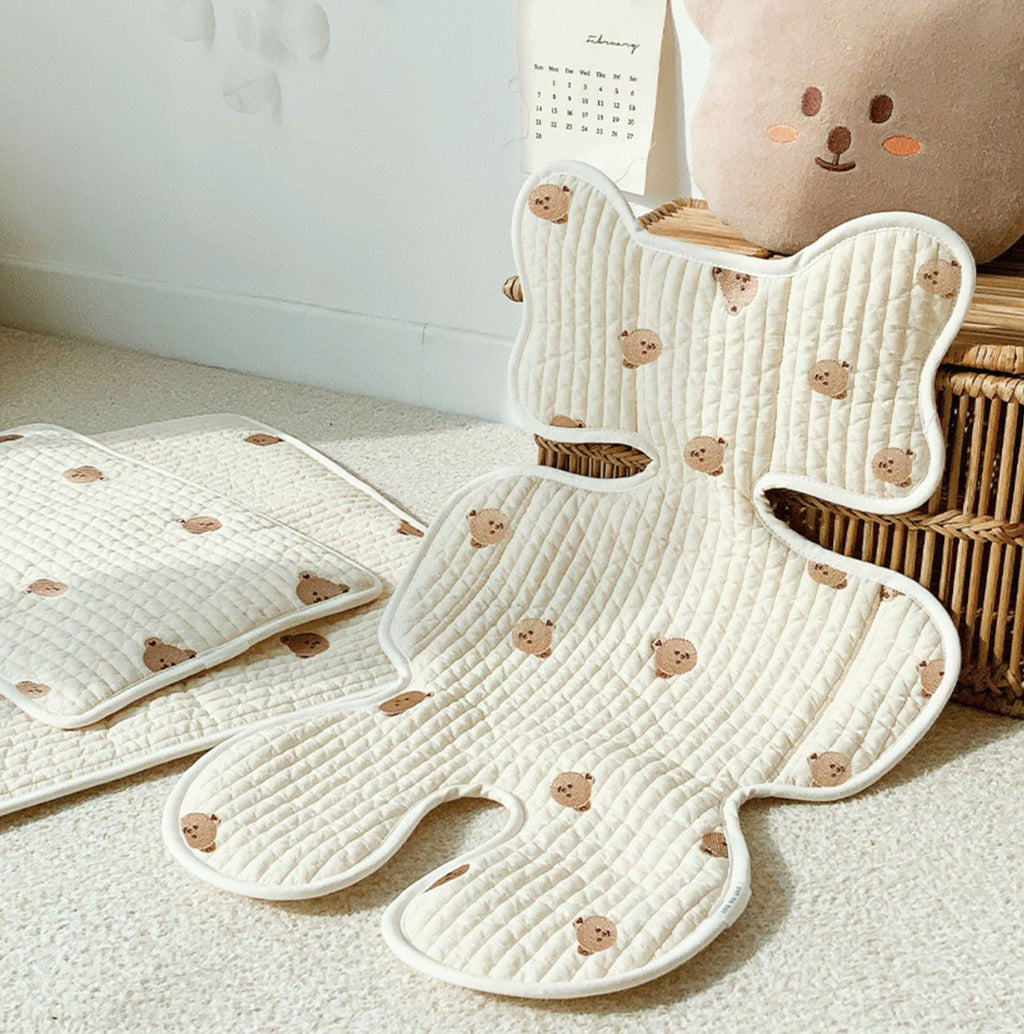 Soft Baby Stroller Seat Cushion Breathable Pure Cotton Infant Car Seat Head Neck Body Support Thin Style Bear