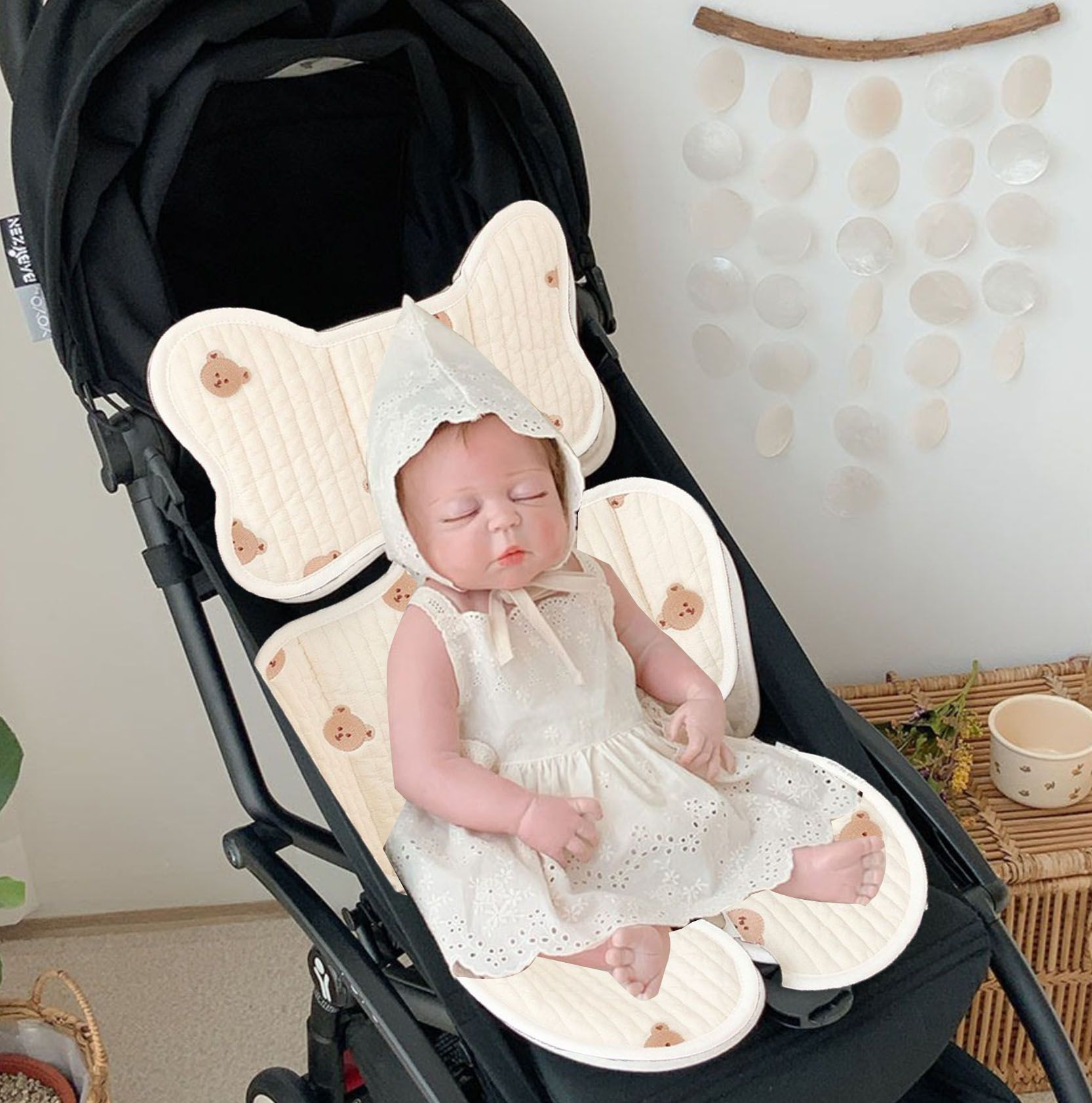 Soft Baby Stroller Seat Cushion Breathable Pure Cotton Infant Car Seat Head Neck Body Support Thin Style Bear