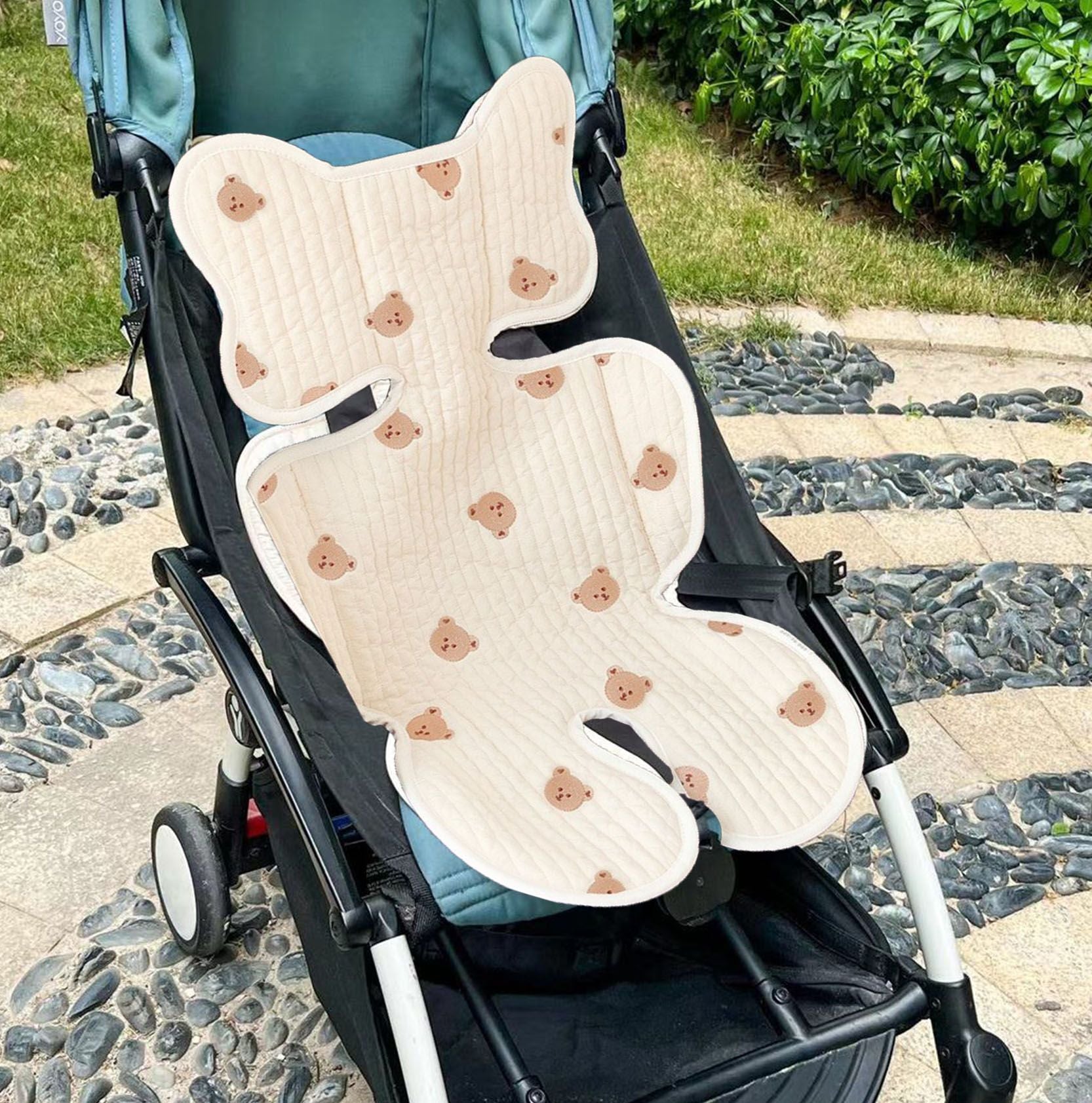 Soft Baby Stroller Seat Cushion Breathable Pure Cotton Infant Car Seat Head Neck Body Support Thin Style Bear