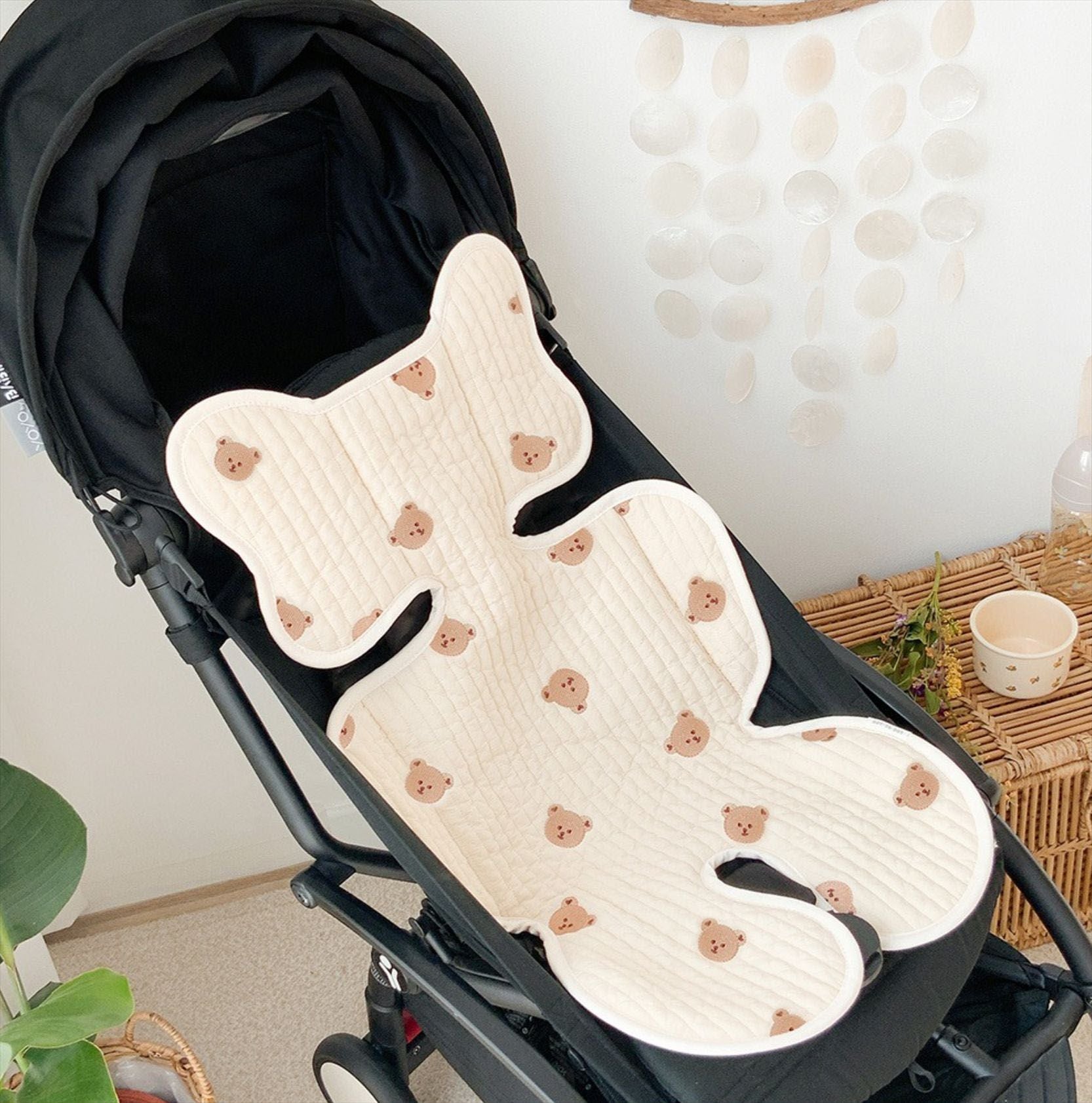 Soft Baby Stroller Seat Cushion Breathable Pure Cotton Infant Car Seat Head Neck Body Support Thin Style Bear