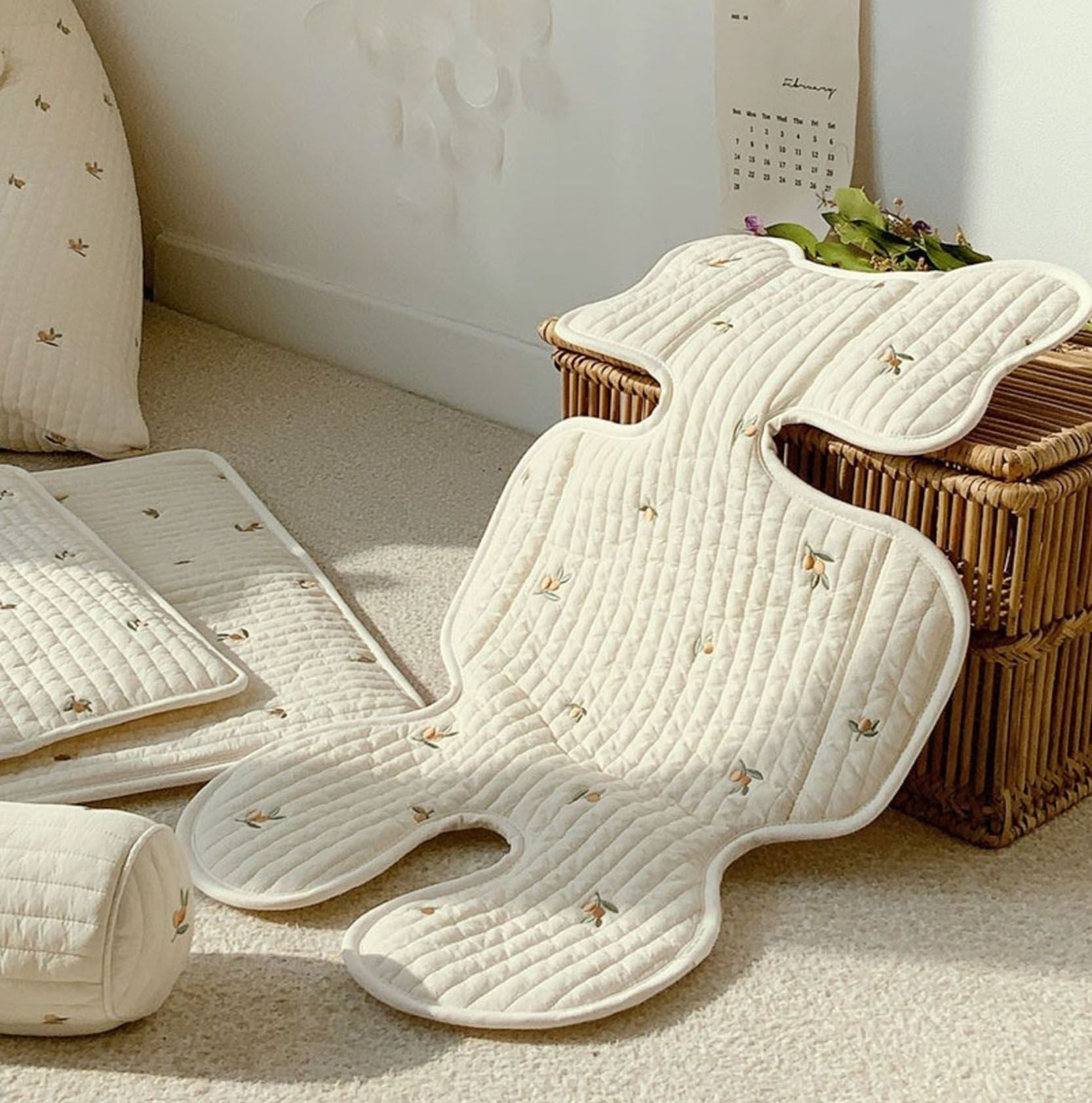 Soft Baby Stroller Seat Cushion Breathable Pure Cotton Infant Car Seat Head Neck Body Support Thin Style Olive