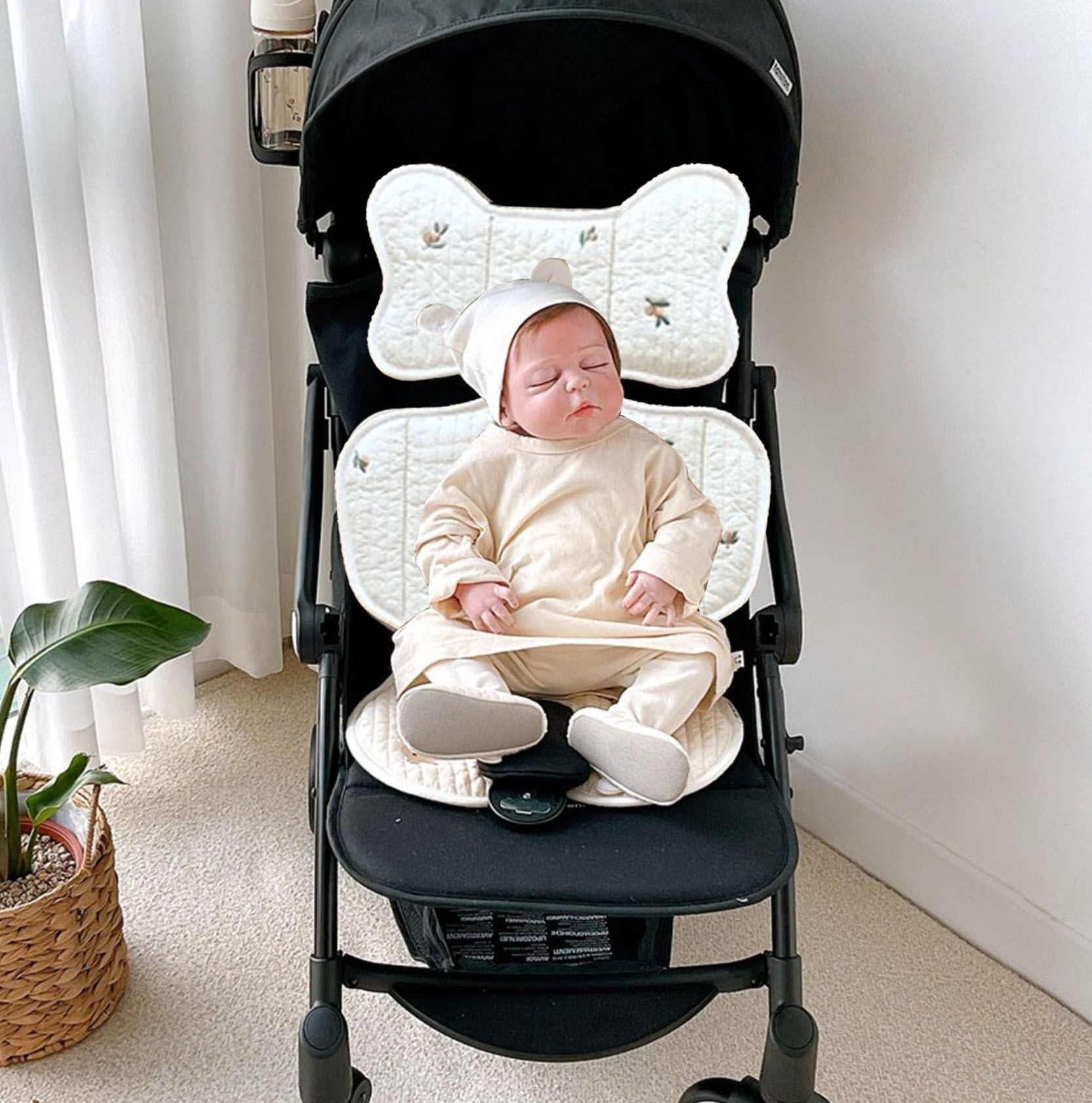 Soft Baby Stroller Seat Cushion Breathable Pure Cotton Infant Car Seat Head Neck Body Support Thin Style Olive