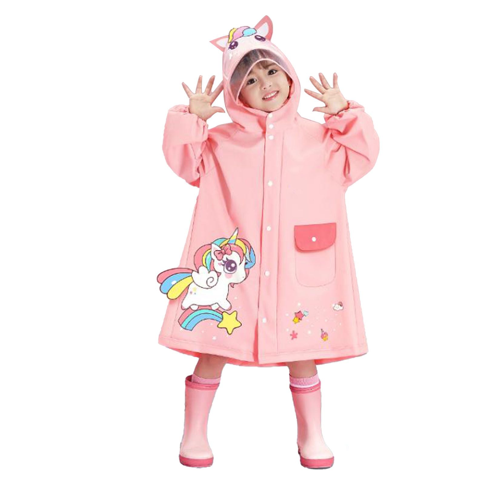Kids Raincoat Waterproof Cute Pattern Lightweight Portable Children Hooded Rainwear for Girl Boy Pink M