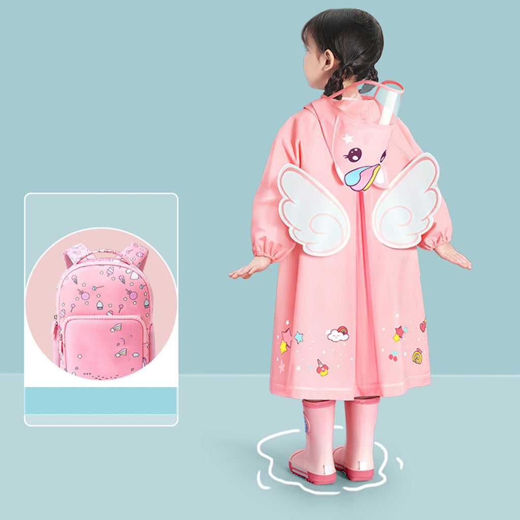 Kids Raincoat Waterproof Cute Pattern Lightweight Portable Children Hooded Rainwear for Girl Boy Pink M