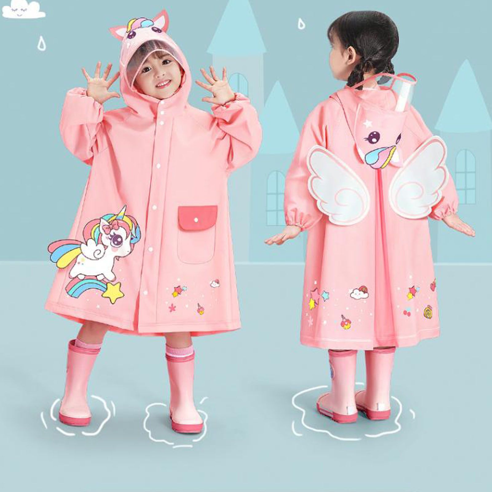 Kids Raincoat Waterproof Cute Pattern Lightweight Portable Children Hooded Rainwear for Girl Boy Pink M