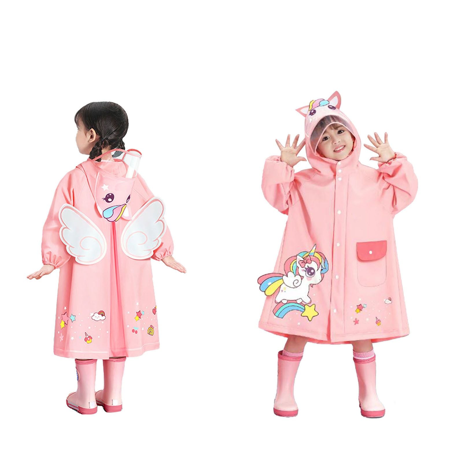 Kids Raincoat Waterproof Cute Pattern Lightweight Portable Children Hooded Rainwear for Girl Boy Pink L