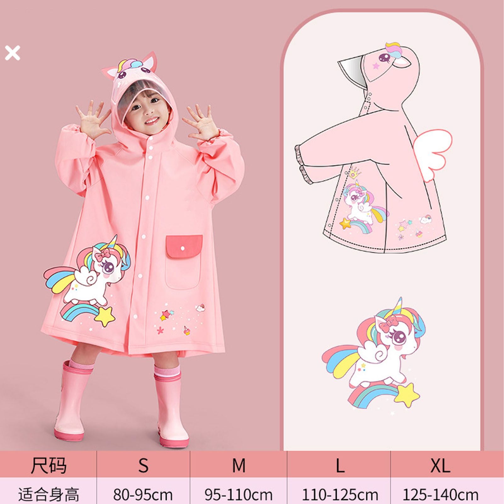 Kids Raincoat Waterproof Cute Pattern Lightweight Portable Children Hooded Rainwear for Girl Boy Pink L