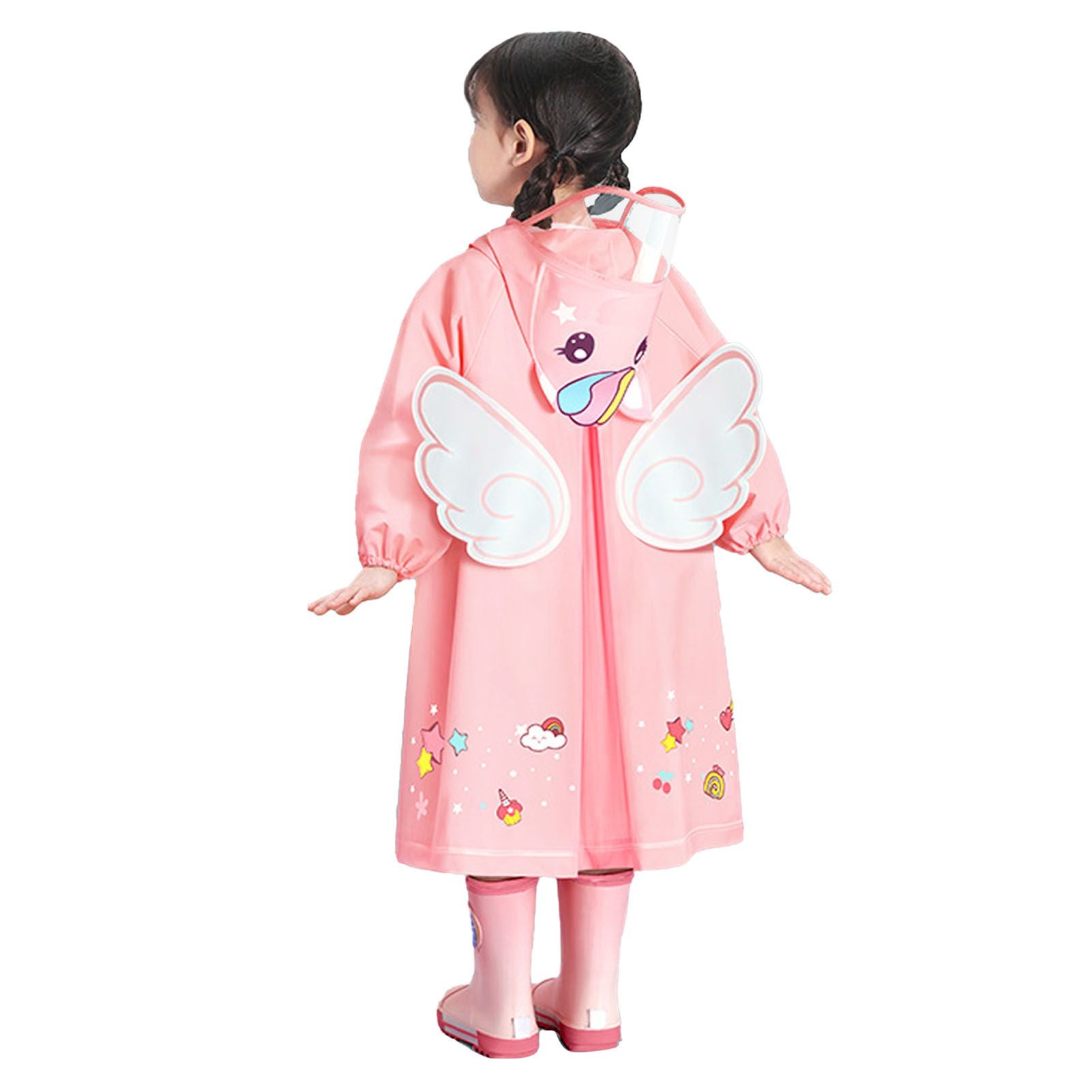 Kids Raincoat Waterproof Cute Pattern Lightweight Portable Children Hooded Rainwear for Girl Boy Pink XL