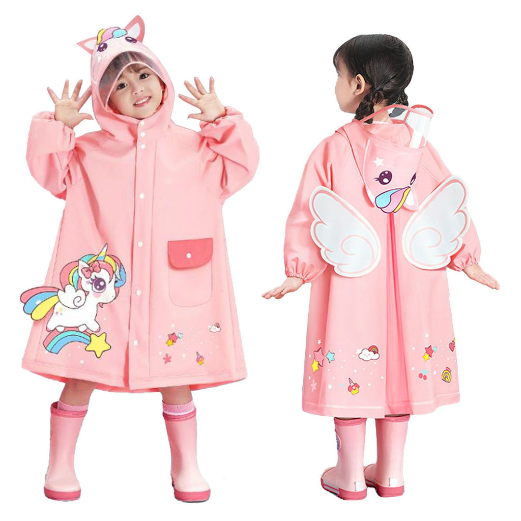 Kids Raincoat Waterproof Cute Pattern Lightweight Portable Children Hooded Rainwear for Girl Boy Pink XL