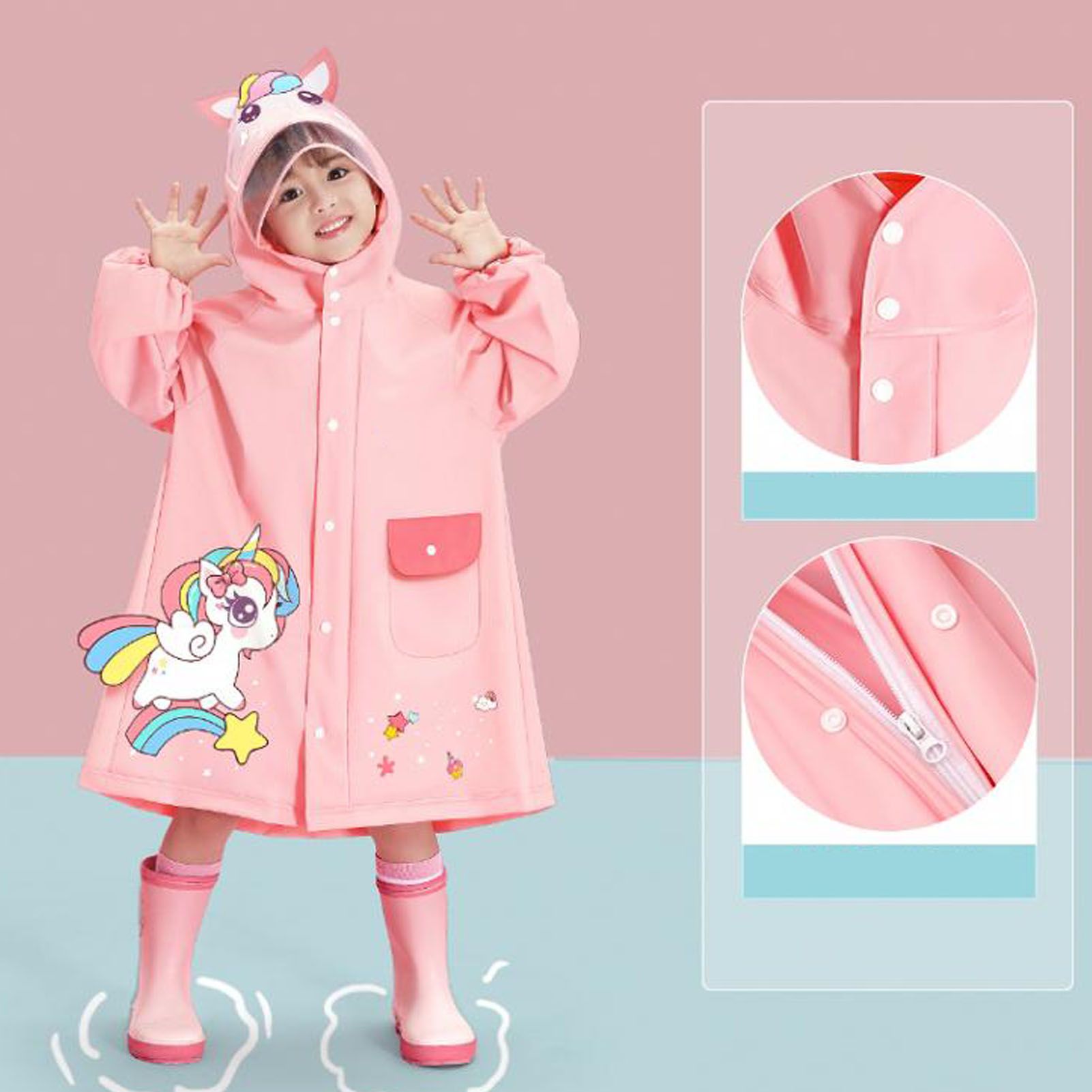 Kids Raincoat Waterproof Cute Pattern Lightweight Portable Children Hooded Rainwear for Girl Boy Pink XL