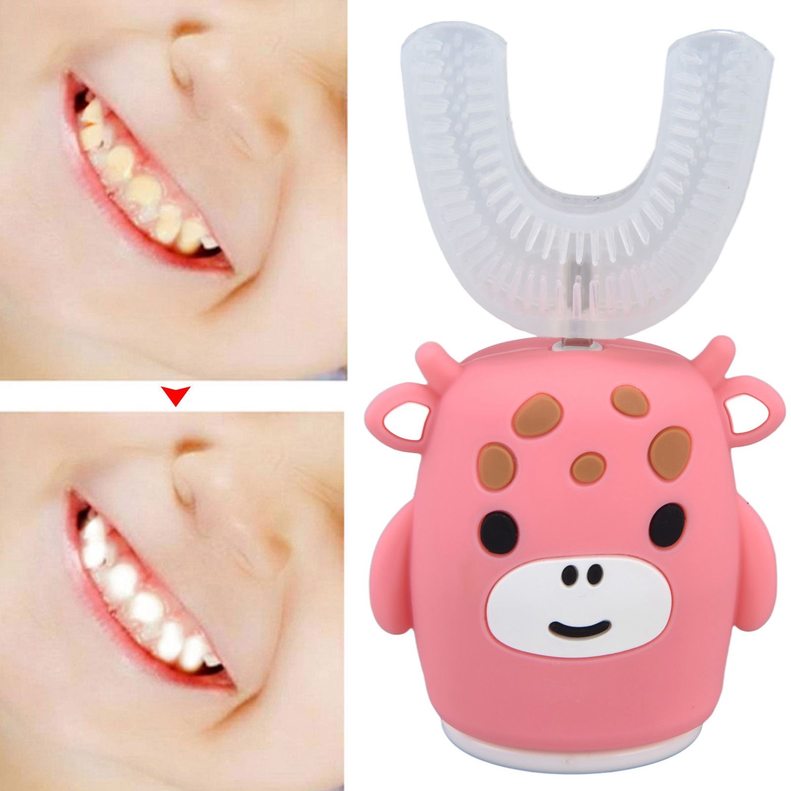 Kids U Shaped Toothbrush Pink Cartoon Electric 360° Tooth Rush Whole Mouth Teeth Cleaning MachineSmall